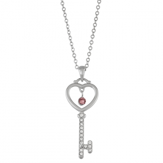 X and O X  O Rhodium Plated Open Heart Shaped Key with Dangling Light Rose Swarovski Crystal and Clear Accent Crystal Pendant Necklace