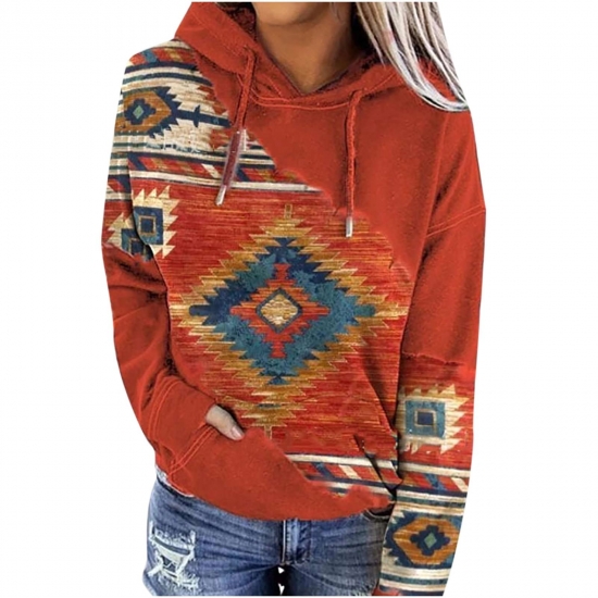 ZQGJB Womens Aztec Hoodie Geometric Print Sweater Plus Size Long Sleeve Vintage Color Block Pullover Drawstring Sweatshirt with Pockets Orange XXXL