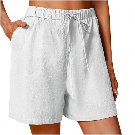 Zodggu Womens White Plus Size Shorts Womens Cotton Linen Shorts Solid Color Comfortable Drawstring Lacking Elastic Waist Wide Leg Loose Casual Shorts Trendy Shorts 10