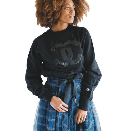 Zenzee Cropped Champion Sweatshirt with Chanel Sequin Patchwork and Drawstring Hem