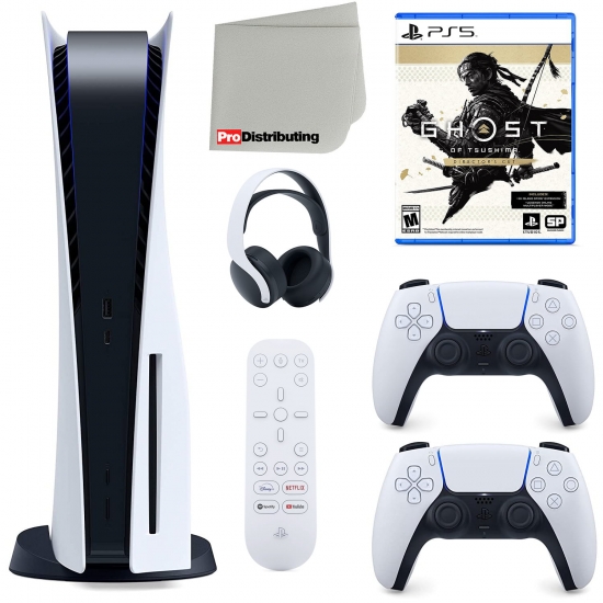 Sony Playstation 5 Disc Version Sony PS5 Disc with White Extra Controller Headset Media Remote Ghost of Tsushima  Directors Cut and Microfiber Cleaning Cloth Bundle