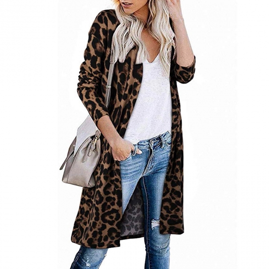 LoyisViDion Coat WomenS Open Front Leopard Cardigan Pockets Long Sleeve Lightweight Sweater Coat Brown 12XL