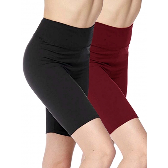 Kuda Moda 2 Pack Womens 3 inch Wide Waistband Biker Leggings Bike Shorts For Workout Running Athletic Yoga
