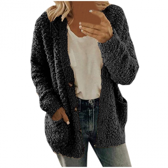 Puntoco Plus Size Coat ClearanceWomen Plus Size Plush Sweater Pockets Outerwear Buttons Cardigan Coat Black