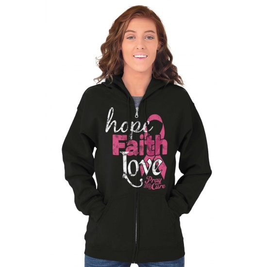 Hope Faith Love Breast Cancer Support Zip Hoodie Sweatshirt Women Brisco Brands