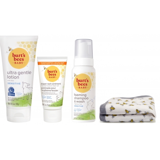 Burt's Bees Baby Sensitive Skin Essentials, Includes Foaming Shampoo & Wash, Ultra Gentle Lotion, Diaper Rash Ointment and 100% Cotton Washcloth, 4 Piece Set