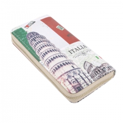 TrendsBlue Premium Italy Flag Pisa Tower City Landmark Print PU Leather Zip Around Wallet