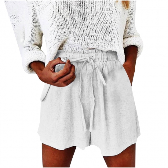 Zodggu Womens White Capris Fashion Womens Summer Cotton Linen Shorts Pants Loose Ruffle Comfy Casual Lacing Drawstring Elastic Waist Pocket Solid Color Shorts Trendy Shorts 14