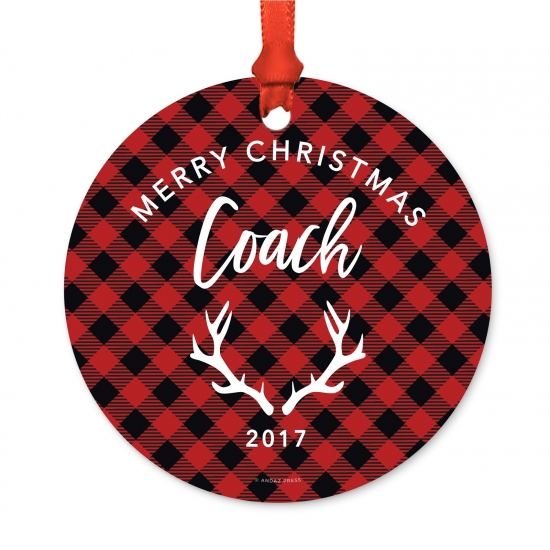 Andaz Press Family Metal Christmas Ornament, Merry Christmas Coach 2017, Red Plaid, Includes Ribbon and Gift Bag